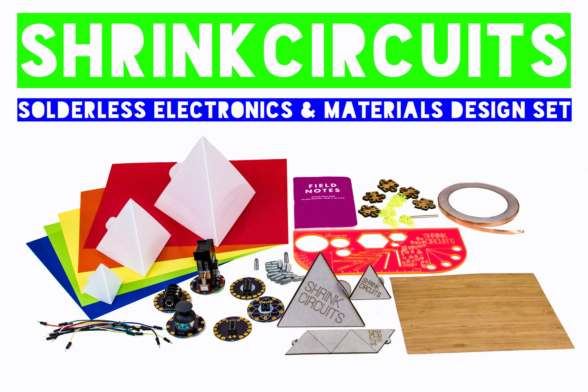 The complete Shrink Circuits kit, including the purple Field Notes notebook, circuit modules, shrink-plastic forms, stencils, and materials